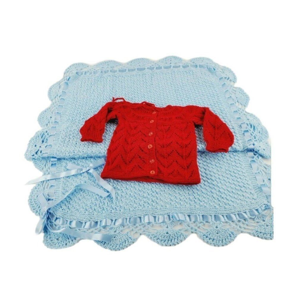 Hand Made Babies Red Sweater With Blue Crochet Knitted Baby Shawl Set Of Two